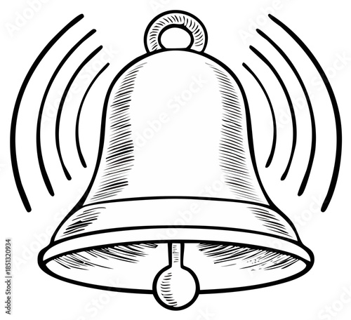 Vibrant ringing bell line art illustration signaling news or alerts, rendered with bold strokes and rhythmic echo waves conveying urgency