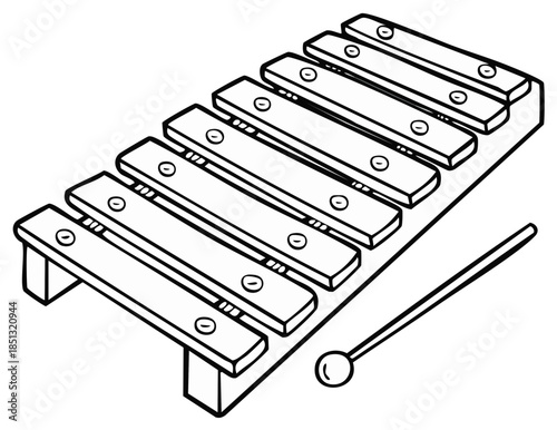Simple wooden xylophone with beater, black and white illustration for music and education