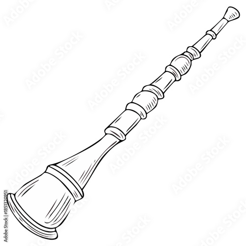 Stylized illustration of a wind instrument with decorative rings and a flared bell, musical art, outline drawing