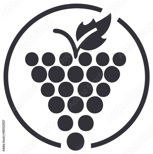 Dark Grape Cluster Icon with Leaf Encased in Circle for Vineyard or Winery Imagery