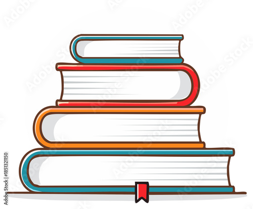 Four neatly stacked colorful books with a red bookmark for education and learning