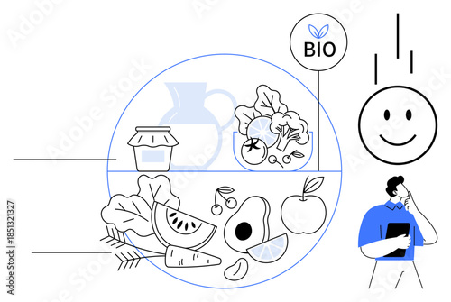 Organic food concept. Organic food includes fresh vegetables, fruits, and sustainable products. Organic food promotes healthy eating, eco-friendly practices, and conscious consumption. Use