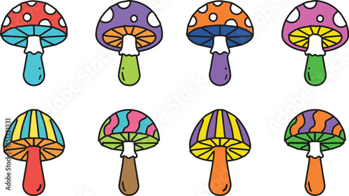 set of colorful cartoon mushrooms