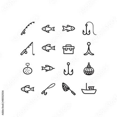 Fishing Equipment Icon Set: Minimalist Line Art of Fishing Rods, Hooks, Boat, and Tackle
