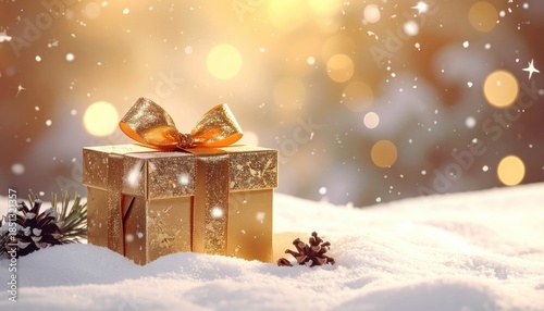 A sparkling golden holiday gift rests in the soft snow under a warm bokeh light.