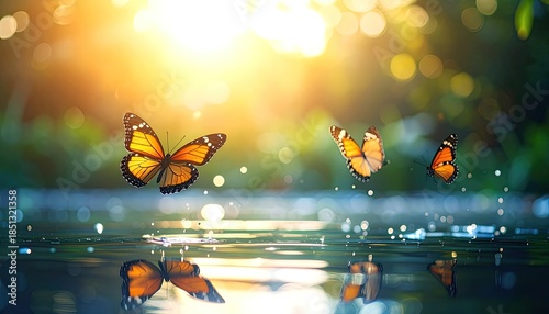 Several monarch butterflies gracefully hover over a reflective water surface bathed in golden sunlight.