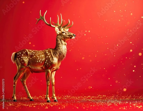 A majestic deer with golden antlers and spots stands against a vibrant red background filled with sparkling bokeh lights.