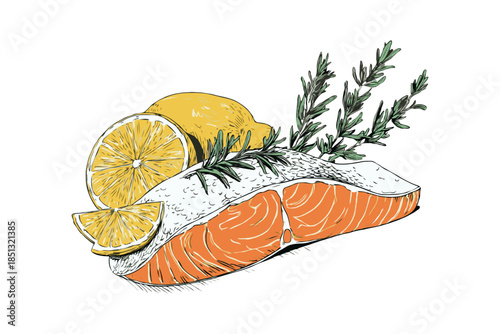 Fresh salmon fillet with skin, garnished with lemon slices and rosemary sprigs, hand-drawn color style on white background, healthy food concept