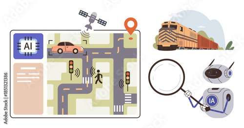 AI analyzes traffic with satellite guidance at intersections train symbolizes logistics. Robot inspects with magnifying glass. Ideal for tech innovation, urban planning, logistics, automation, smart