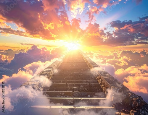 A dramatic stone staircase ascending toward a brilliant, sunlit sky above a sea of clouds.