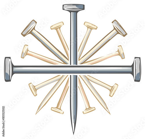 Arrangement of nails forming starburst pattern, construction, and industry concepts