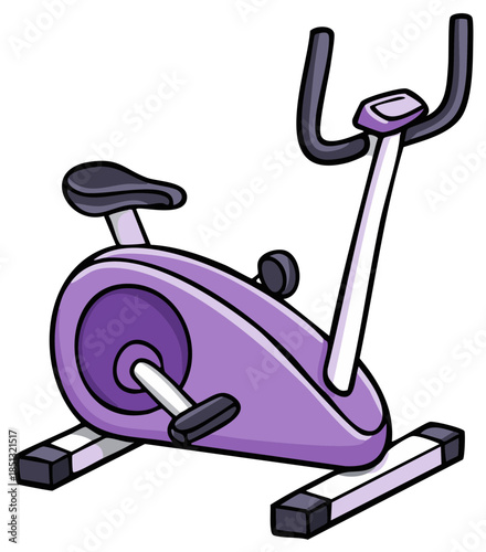 Cartoon purple exercise bike for fitness and home workout, isolated.