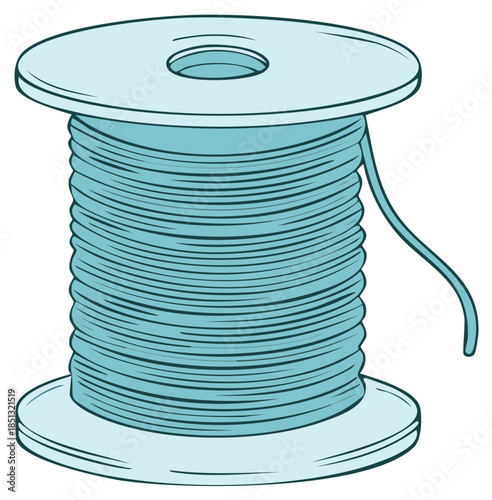 Cartoon vector illustration of a spool of light blue thread or cord