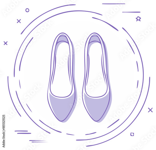 Pair of elegant purple ballet flats illustrated in a circular abstract design with line art accents