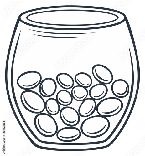 Fishbowl Filled with Smooth Rocks Line Art Illustration, Clear Glass Container with Gravel, Oval Stones Inside