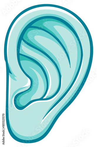 Stylized Illustration of a Human Ear Anatomy in Teal Tones Depicting Hearing and Medical Concepts
