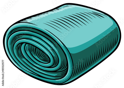 Rolled turquoise towel with hatching detail for bathroom or beach use