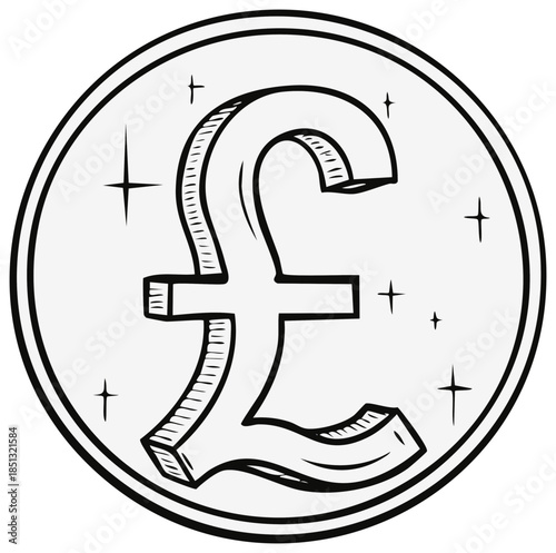 Hand drawn doodle of a shiny British pound sterling coin icon
