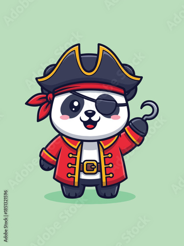 Adorable cartoon panda pirate character with eye patch and hook hand.