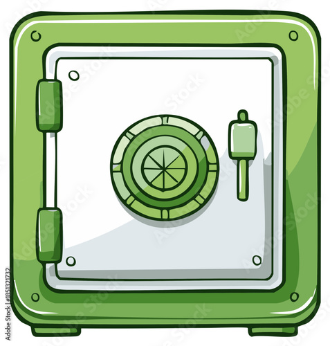 Cartoon illustration of a green bank safe