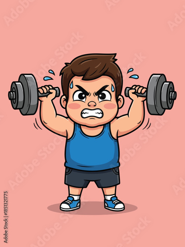 Cartoon Boy Straining to Lift Heavy Dumbbells Sweating During Workout.