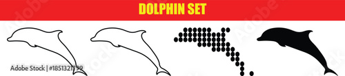 Cute dolphin icons set with outline solid and dotted styles