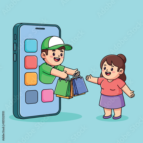 Cartoon Delivery Person Handing Shopping Bags from Smartphone to Customer.