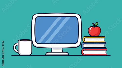 Cartoon desktop computer monitor with coffee mug stacked books and red apple.