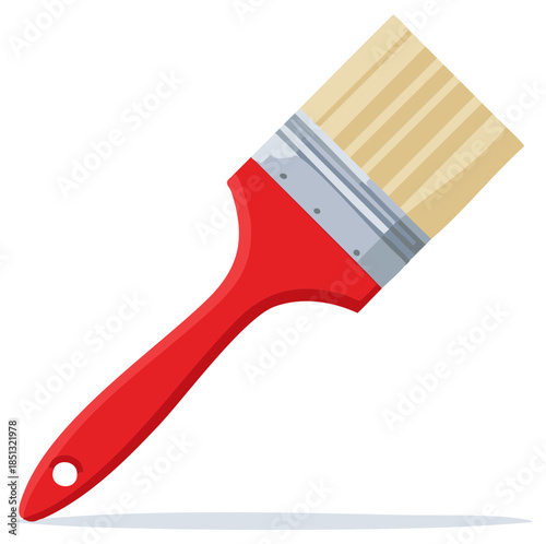 Flat paintbrush with red handle and bristles for painting and decorating tasks