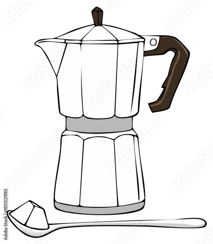Italian Moka Pot with Coffee Spoon Illustration. Detailed Line Art Drawing.