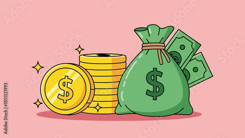 Cartoon green money bag dollar bills and shining gold coins stack.
