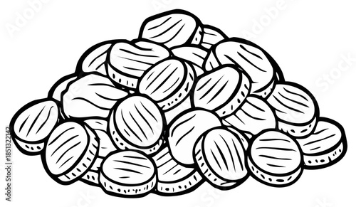 Hand drawn cartoon illustration of a pile of chopped carrot slices, a fresh vegetable ingredient