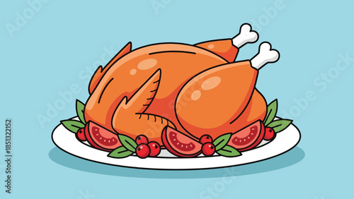 Cartoon Roasted Whole Chicken or Turkey on White Platter with Tomato and Herb Garnish.