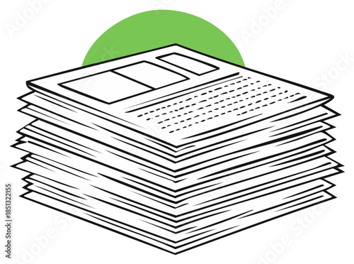 Stack of newspaper sheets with green circle on top, information publication