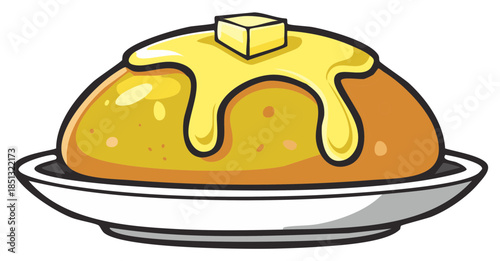 Illustration of a hot baked potato smothered in golden melted butter with a pat on top