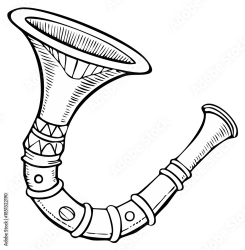 Stylized Outline Illustration of an Ancient Wind Musical Instrument with a Curved Bell