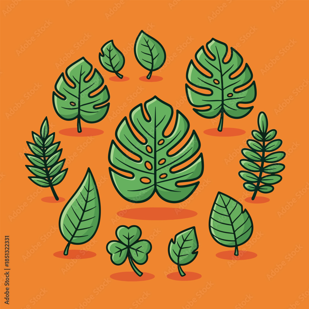 Fototapeta premium Collection of various green tropical and botanical leaves illustration.