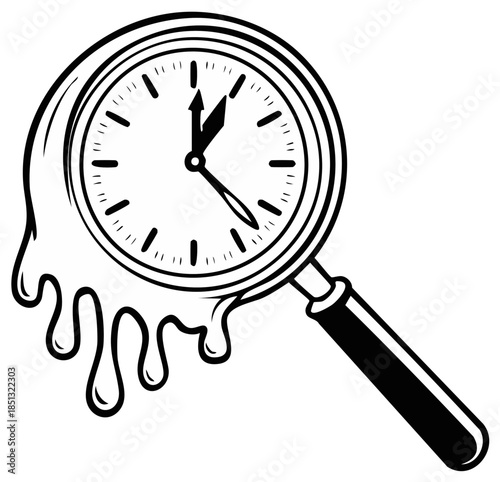 Melting Clock with Magnifying Glass Surreal Art Illustration Design Element