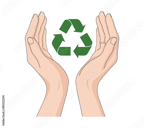 Hands protecting green recycling symbol, environmental conservation concept, sustainability, eco-friendly care, waste reduction, resources and circular economy vector