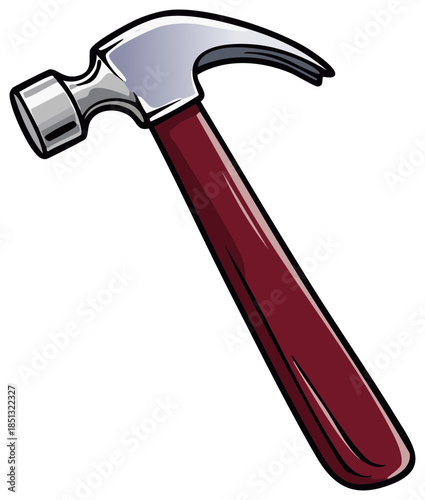 Illustration of a claw hammer with a polished metal head and maroon handle