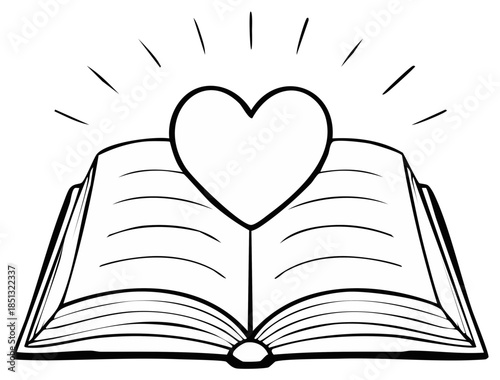 Open book with heart shape above, illustrating love of reading or educational content, presented as a black and white line drawing