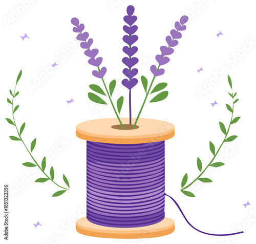 Purple lavender flowers in a wooden spool with decorative green sprigs vector illustration