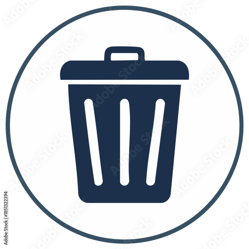 Trash can icon inside a circle shape. Bin graphic in dark blue on a white background