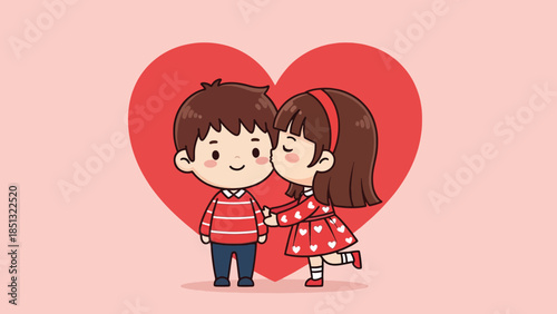 Cute cartoon couple with girl kissing boys cheek in front of a red heart.