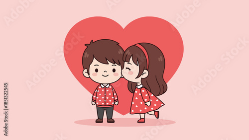 Cute cartoon couple with girl kissing boys cheek red heart background.