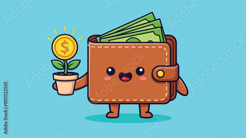 Cute cartoon brown wallet holding a money plant with dollar coin full of cash bills.