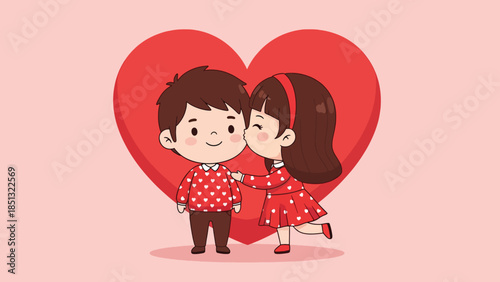 Cute cartoon couple with red heart girl kissing boys cheek celebrating love.