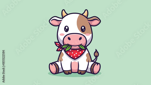 Cute cartoon cow sitting wearing a red bandana eating green leaves.