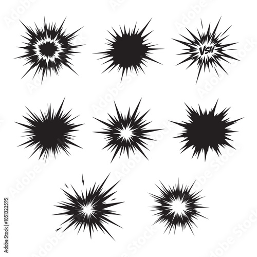 Photos Set of 8 abstract explosion burst shapes in sharp starburst silhouette style vec