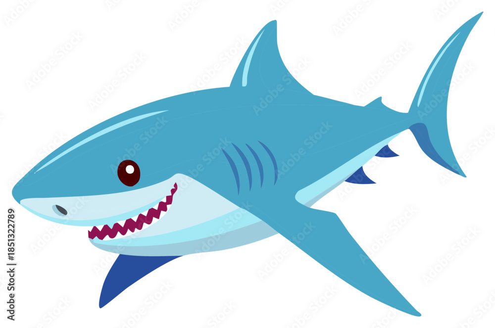 Fototapeta premium Cute cartoon shark smiling with big sharp teeth ocean animal illustration graphic